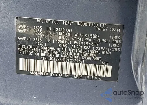 2015 Subaru Outback 2.5I Premium z USA, uszkodzony, nr VIN 4S4BSBHC2F3272761